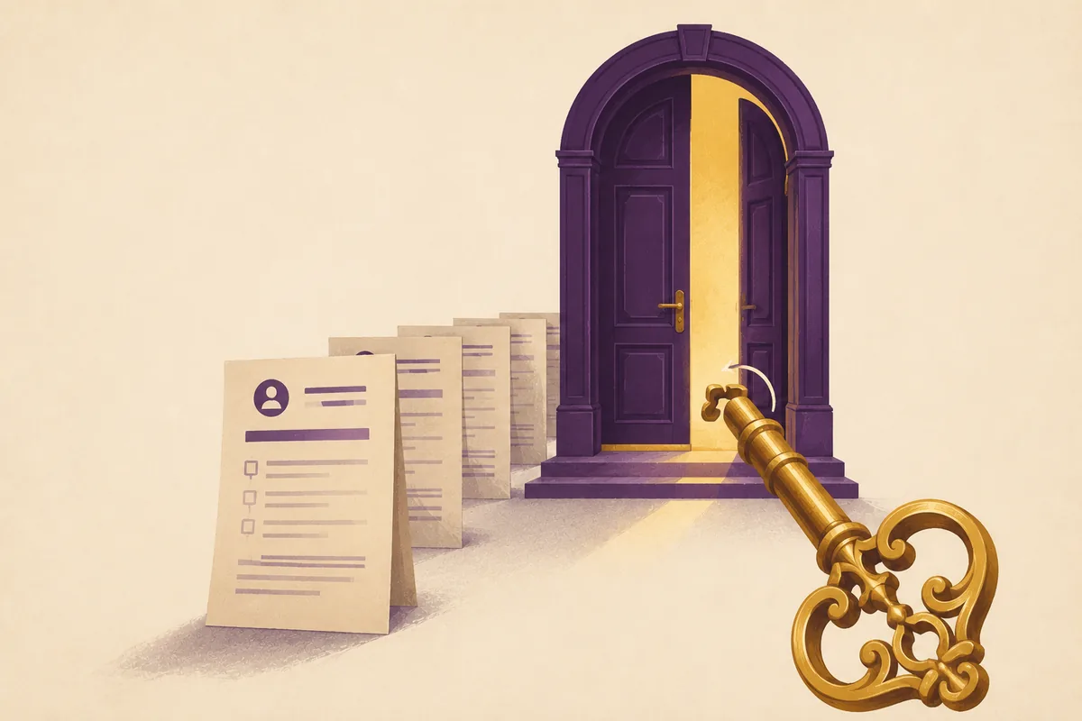 A queue of paper forms waiting before an arched doorway of warm light, a gold key turning in the foreground.