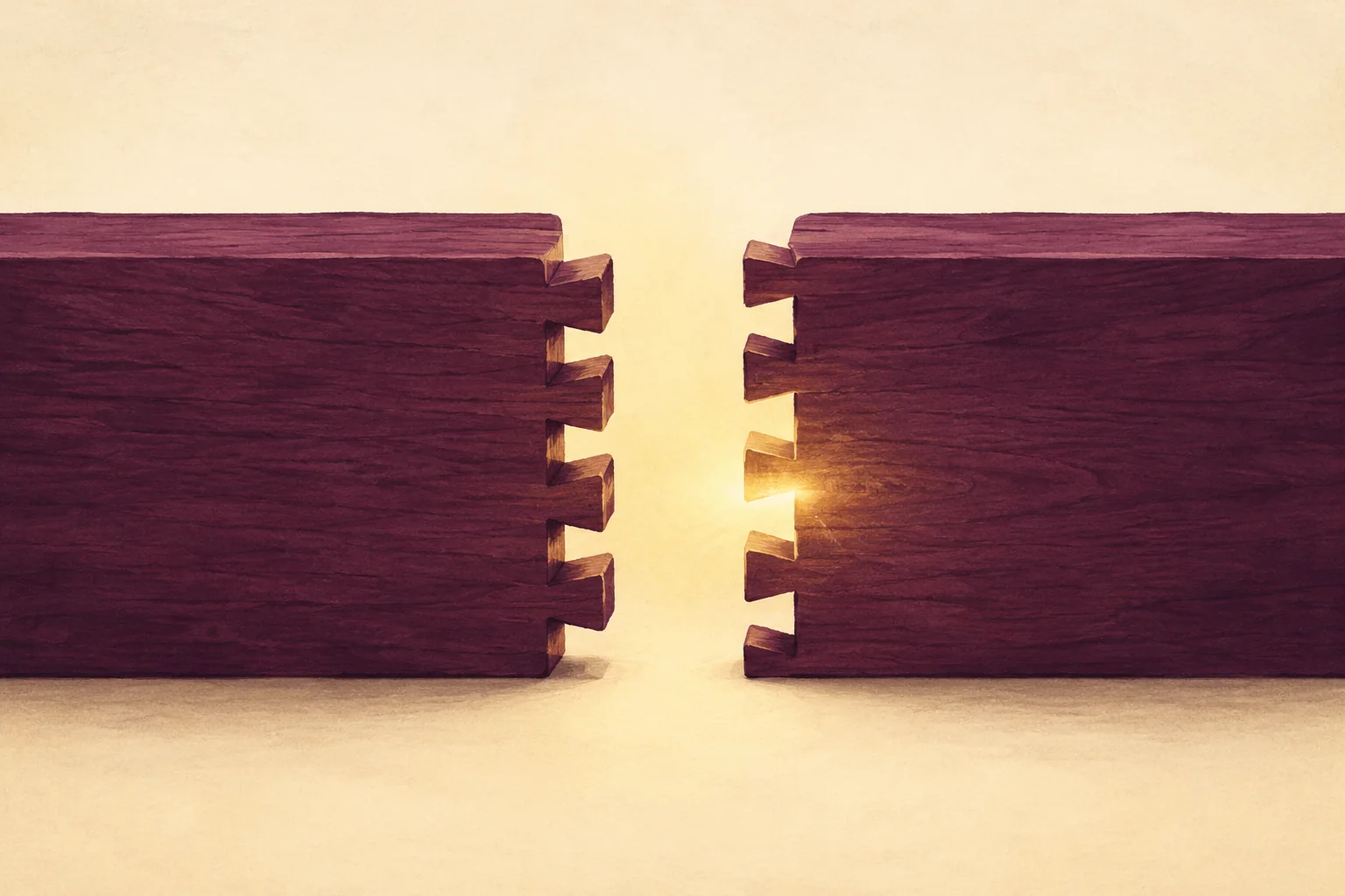 Two plum dovetailed blocks held apart, their interlocking fingers matching except for one missing piece, with gold light in the gap.