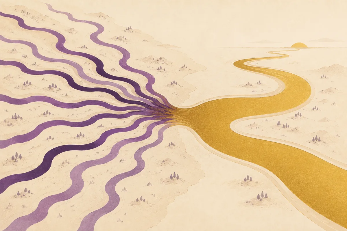 Eight thin plum rivers converging into a single wide gold river.