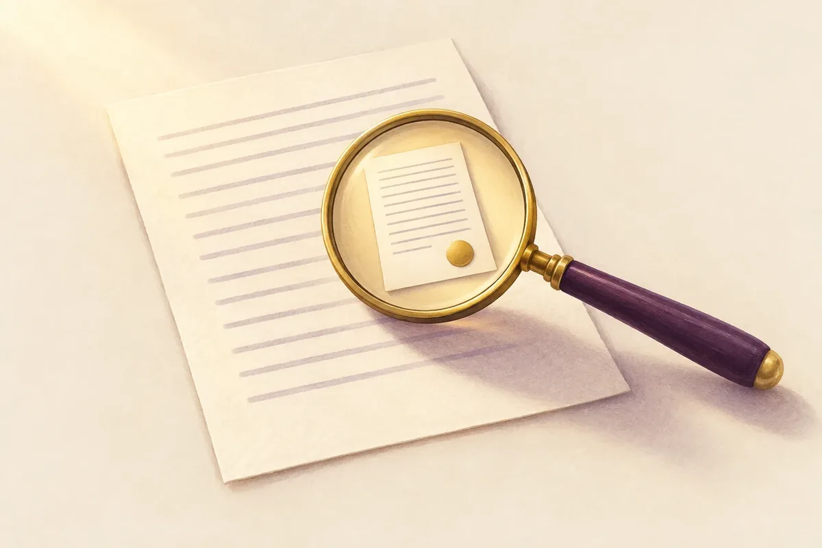 A cream page of soft plum text lines beneath a gold-rimmed magnifying glass with a plum handle, its lens revealing a smaller, sharper document bearing a gold seal.