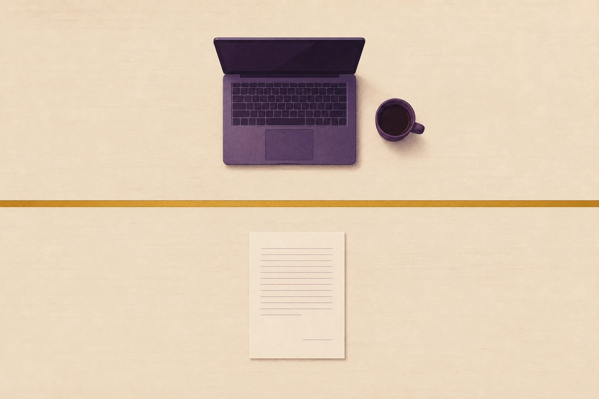 A purple laptop and coffee cup above a firm gold line, an unsigned printed letter below it.